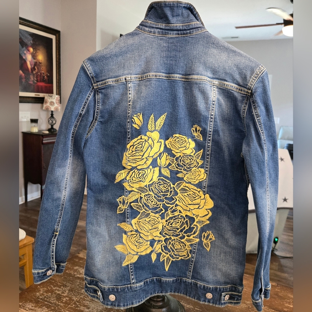 LULAROE Blue Jean Jacket with Yellow Floral Design